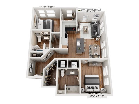 Floor plan for 2 beds, 2 baths, 1017 sqft